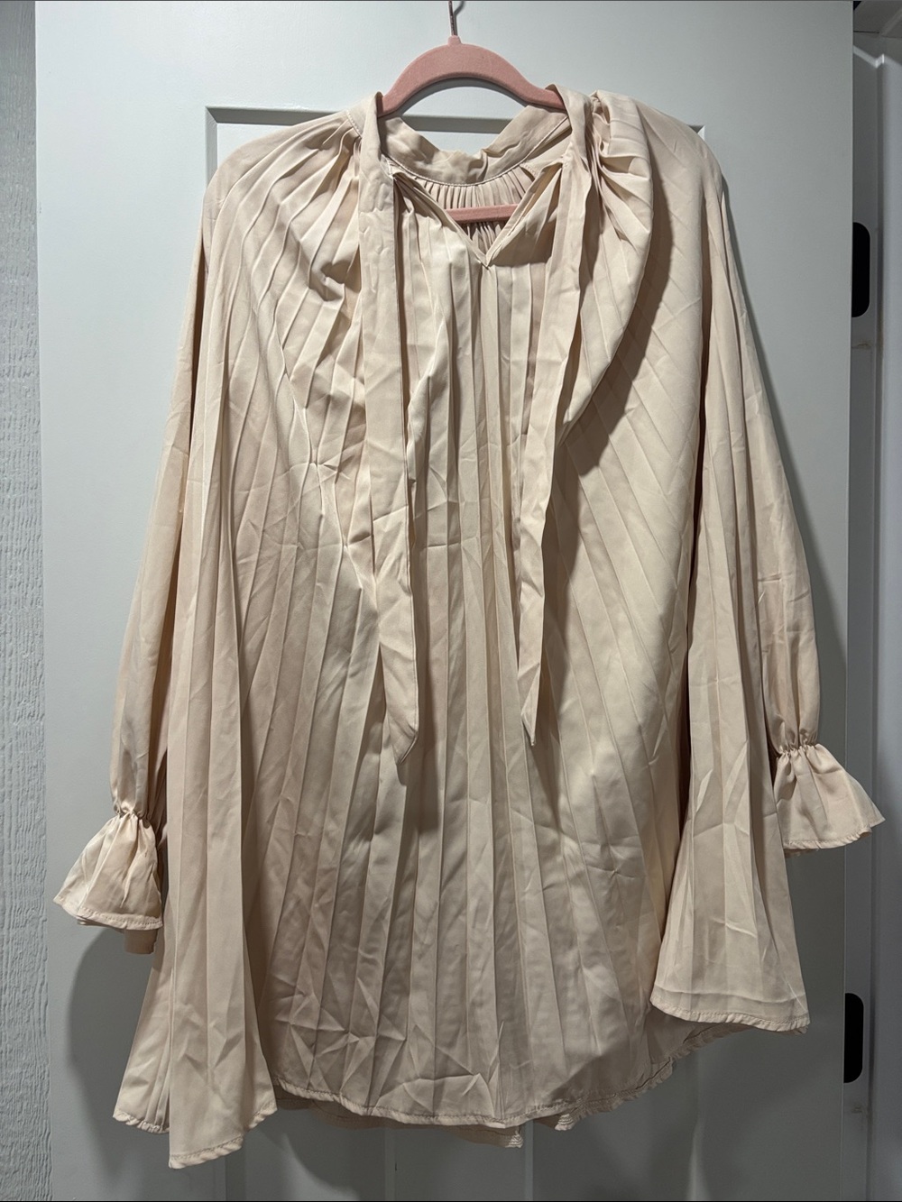 Pleated Long Sleeve Tunic Blouse - Cream - Picture 2 of 2